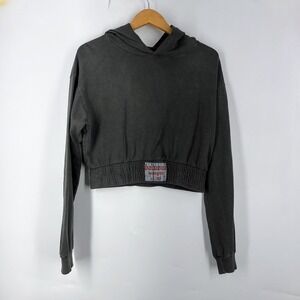 Badwood Los Angeles Womens Cropped Hoodie Charcoal Grey Elastic Waist Patch SZ L